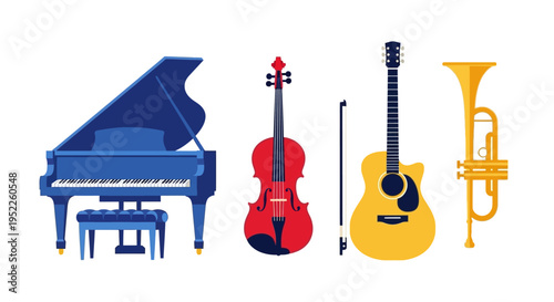 colorful icons of musical instruments, piano, violin, guitar, trumpet