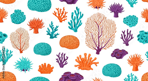 Vibrant coral reef seamless pattern with colorful marine life