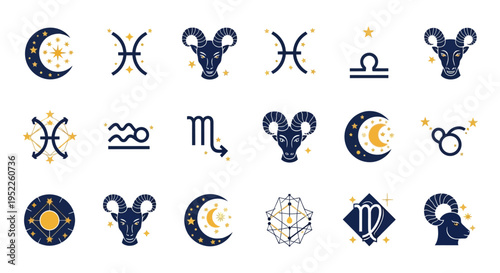 Zodiac signs and astrology symbols on white background