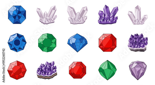 colorful gemstones and crystals on white background