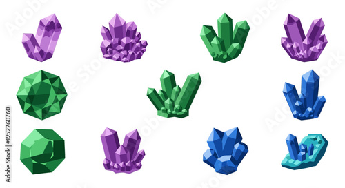 Variety of colorful crystal formations on white background