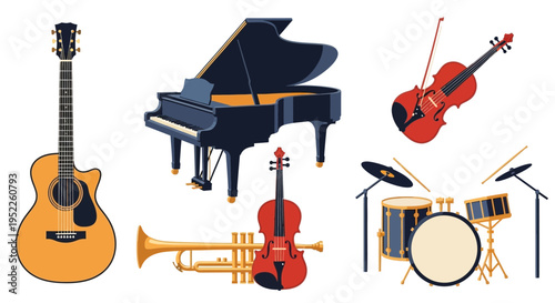 collection of musical instruments, piano, guitar, violin, trumpet, drums