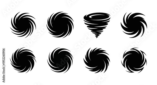 Collection of swirling vortex shapes ideal for design work on transparent background silhouette