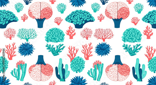 Seamless coral reef pattern with colorful marine life