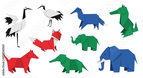 origami animal set with crane, elephant, horse, dog, and dinosaur in flat design