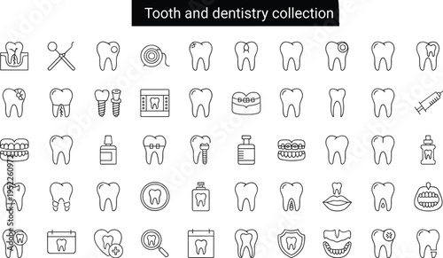 Dental care icons, oral hygiene symbols, tooth health illustrations, dentistry tools, braces, implants, mouthwash, toothpaste, calendar