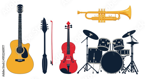 Variety of musical instruments on white background