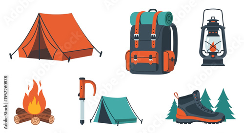 Camping essentials illustration with tent, backpack, and gear