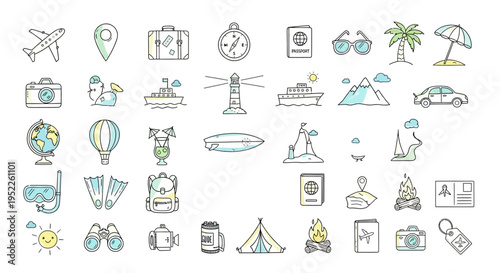 Collection of travel icons and elements on transparent background silhouette