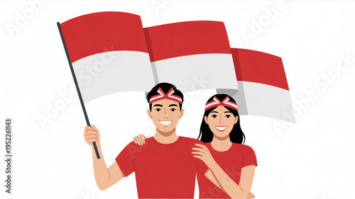 Young indonesian couple celebrating with national flags wearing red shirts and headbands smiling happily together