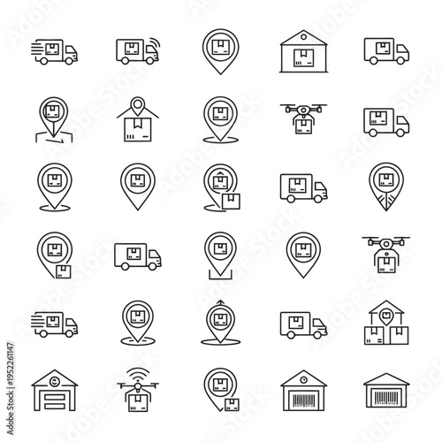 Set of 25 logistics icons vector, delivery and shipping symbols