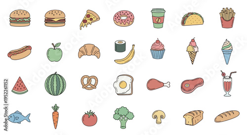 Colorful hand drawn food illustrations with a transparent background silhouette