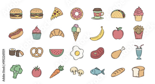 Colorful hand drawn food icons collection with a transparent background silhouette