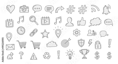 Collection of hand drawn social media icons on transparent background silhouette