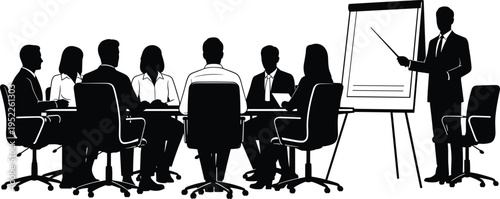 Business meeting silhouette, corporate training session, office teamwork concept, leadership presentation, conference discussion, strategy planning, professional people, vector illustration