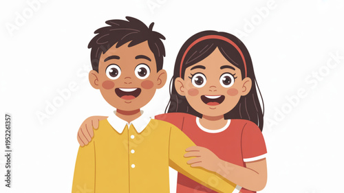 Two happy children friends smiling together in colorful cartoon style with arms around each other