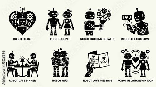Robot Love Vector Icon Set – Futuristic Vectors Featuring Robot Couples, Hugs, Heart Messages, Flower Gifts, Dinner Dates, Texting Love, and Relationship Gears
