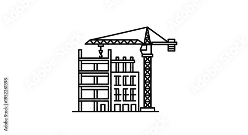 Line drawing of a construction crane next to a building under construction