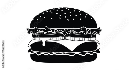 A stylized black and white illustration of a classic cheeseburger