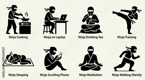 Ninja Lifestyle Vector Icon Set – Silhouette Vectors Featuring Cooking, Laptop Use, Tea Drinking, Martial Arts Training, Meditation, Silent Walking, Sleeping, and Phone Scrolling