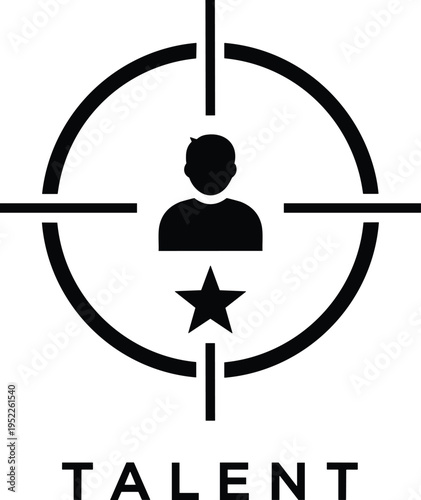 Black and white vector icon of a human silhouette inside a target crosshair with a star and talent text for recruitment,