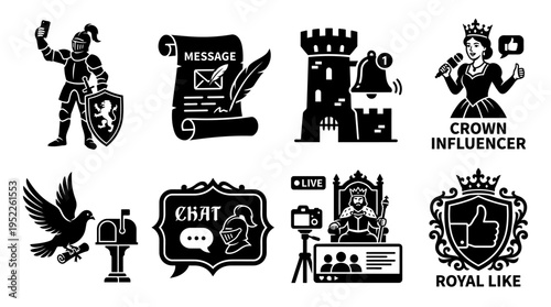 Medieval Social Media Vector Icon Set – Fantasy Vectors Featuring Knight Selfies, Scroll Messages, Pigeon Delivery, Throne Livestreams, Royal Likes, and Crowned Influencers