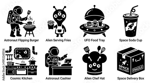 Space Fast Food Vector Icon Set – Cosmic Vectors Featuring Astronaut Chefs, Alien Cashiers, UFO Food Trays, Soda Cups, Delivery Boxes, and Intergalactic Kitchens