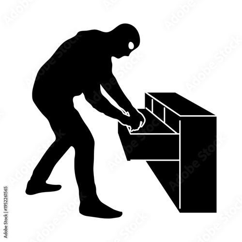 タンスの引き出しを物色する泥棒のシルエットイラスト