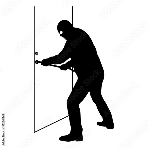 ドアをこじ開けようとする泥棒のシルエットイラスト