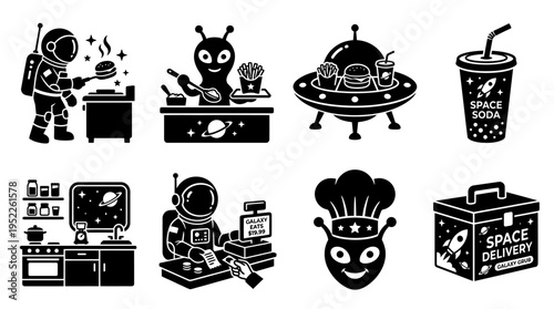 Space Fast Food Vector Icon Set – Cosmic Vectors Featuring Astronaut Chefs, Alien Cashiers, UFO Food Trays, Soda Cups, Delivery Boxes, and Intergalactic Kitchens