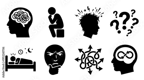 Mental Overload Vector Icon Set – Expressive Vectors Featuring Tangled Brain Lines, Stress Heads, Insomnia Beds, Question Marks, Deep Thinking Faces, and Confused Arrows
