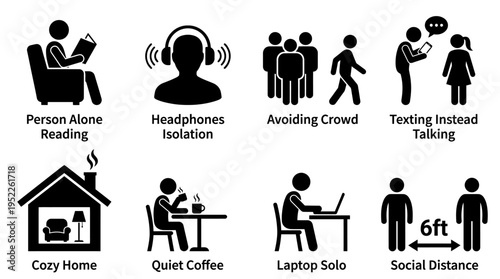 Introvert Lifestyle Vector Icon Set – Minimalist Vectors Featuring Solo Reading, Quiet Coffee, Cozy Homes, Headphone Isolation, Social Distance, Crowd Avoidance, and Laptop Work
