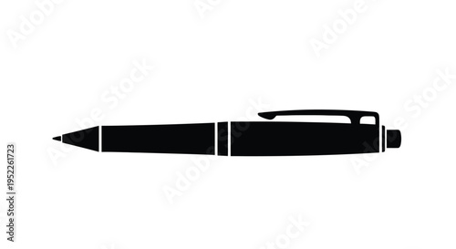 A simple black silhouette illustration of a ballpoint pen on white