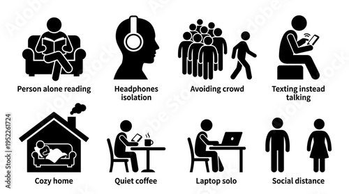 Introvert Lifestyle Vector Icon Set – Minimalist Vectors Featuring Solo Reading, Quiet Coffee, Cozy Homes, Headphone Isolation, Social Distance, Crowd Avoidance, and Laptop Work