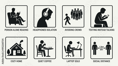 Introvert Lifestyle Vector Icon Set – Minimalist Vectors Featuring Solo Reading, Quiet Coffee, Cozy Homes, Headphone Isolation, Social Distance, Crowd Avoidance, and Laptop Work
