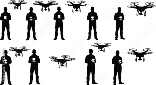 Drone operator silhouettes controlling quadcopter UAV technology remote flight aerial photography innovation vector illustration isolated set