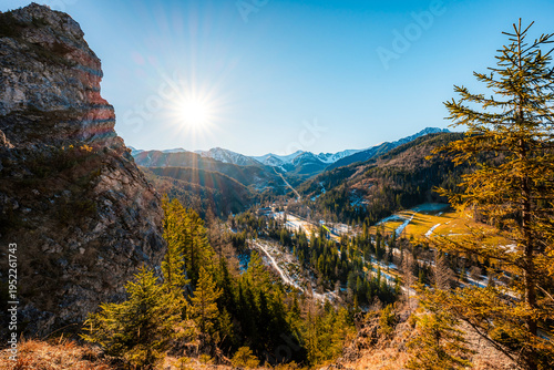 Winter snow hiking near city of Zakopane with view of poland Tatra mountains from Nosal peak in Poland