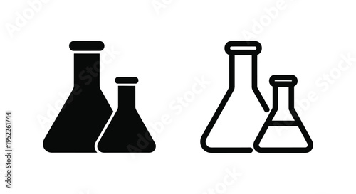 Black and white illustration of two pairs of laboratory flasks
