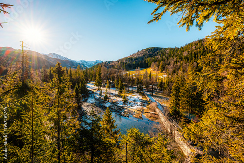Winter snow hiking near city of Zakopane with view of poland Tatra mountains from Nosal peak in Poland