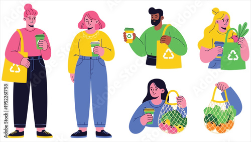 Eco-Friendly People Using Reusable Items – Vector Set of Eco-Conscious Characters Promoting Sustainability and Green Living