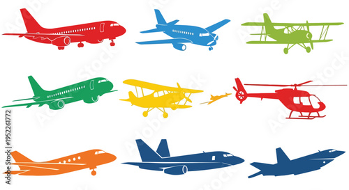 Colorful illustrations of various aircraft including planes helicopters and biplanes