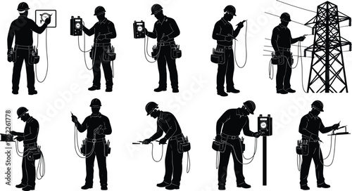 Electrician silhouettes working with electrical testing equipment power lines and tools professional energy industry vector illustration set