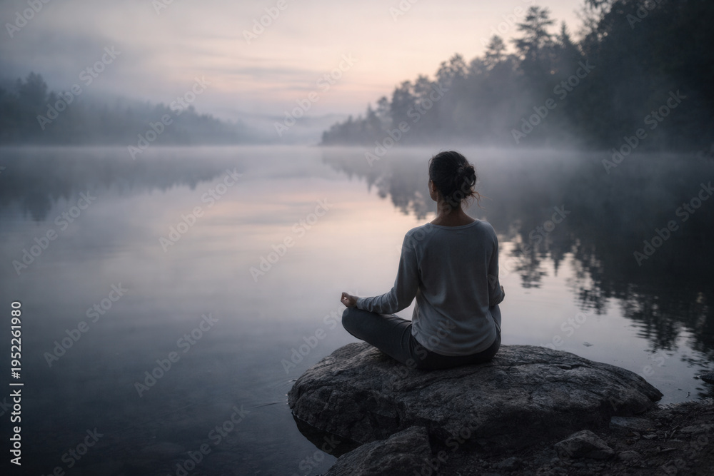 Fototapeta premium Woman Meditating on Rock by Misty Lake at Dawn