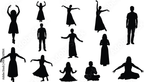 Dancer silhouette poses collection, male female contemporary ballet movements, expressive body language figures, performing arts concept, black vector illustration