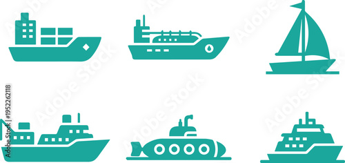 set of six teal maritime transport icons on white background