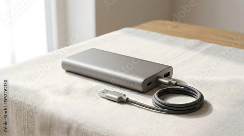 Photorealistic Power Bank and Charging Cable on Neutral Surface with Copy Space