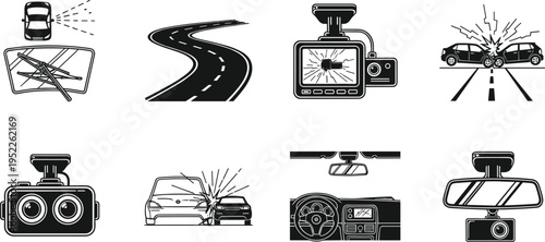 Car dashcam icons set, road safety accident recording devices, driving camera collision symbols, black silhouette automotive pictograms, flat vector illustration