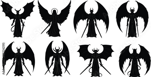 Demonic angel silhouettes, with wings swords horns, dark fantasy character set, isolated black vector illustration collection, gothic mythology warriors artwork