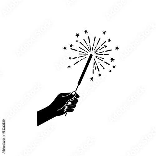 A hand firmly grips a sparkler emitting brilliant rays against a dark background silhouette