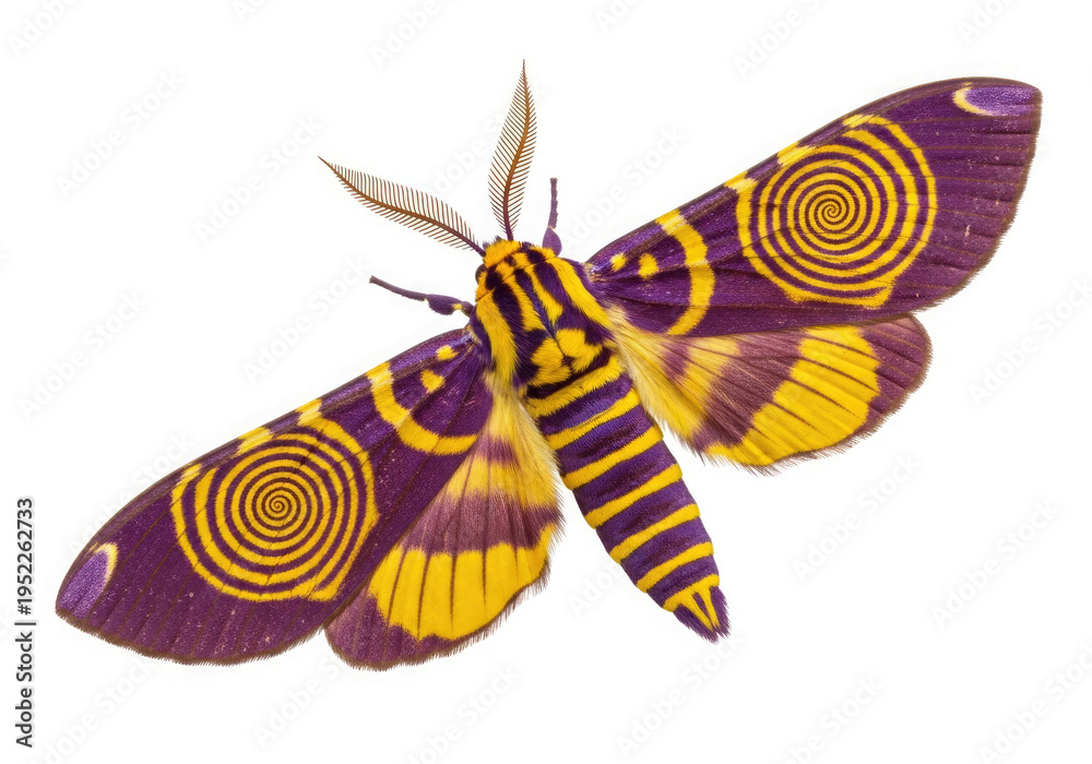 Fototapeta premium Vibrant purple and yellow moth with striking circular patterns isolated on white background